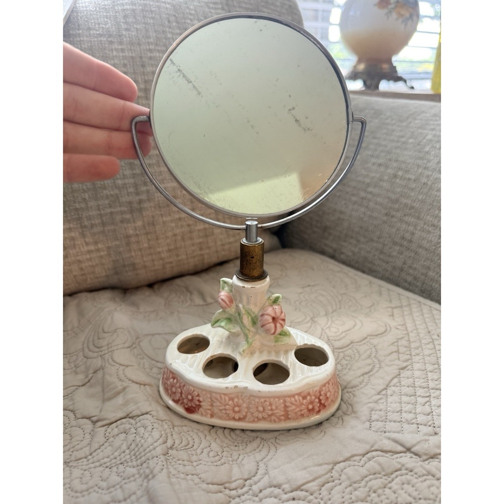 Vintage Ceramic Floral Double Sided Standing Vanity Makeup Mirror Victorian